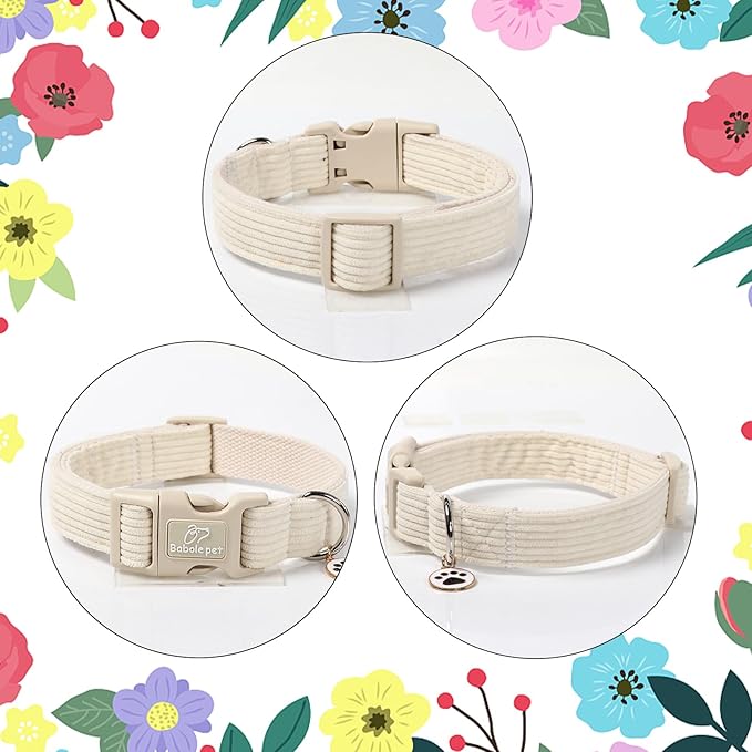 Cute Corduroy Dog Collar - White Adjustable Dog Collars for Medium Dogs 25-50lbs, Fade-Proof with Secure Snap & Little Charm, Christmas Birthday Gift, M