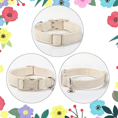 Cute Corduroy Dog Collar - White Adjustable Dog Collars for Small Dogs 10-25lbs, Fade-Proof with Secure Snap & Little Charm, Christmas Birthday Gift, S