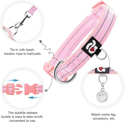 azuza Reflective Dog Collar,Soft Neoprene Padded Pet Collar with ID Tag Ring,Adjustable for Medium Dogs,Pink,M