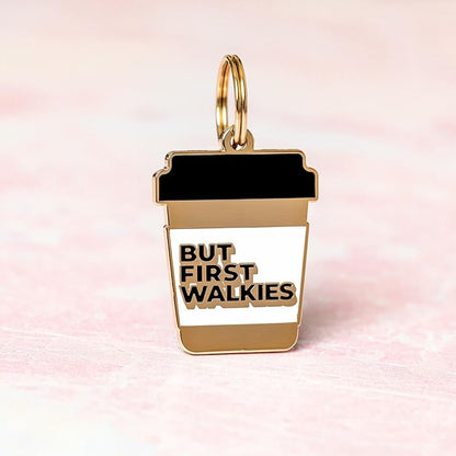 Two Tails Pet Company Personalized 'But First Walkies' Pet ID Tag & Collar Charm - Custom Engraved Dog Tags for Pets - Luxury Brass, Gold Plating