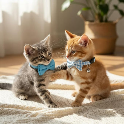 3pcs Bow Tie Cat Collar with Bells, Breakaway Bowtie Plaid Cat Collar, Soft Adjustable Bow Cats Collars for Kitten Puppy and Small Pets