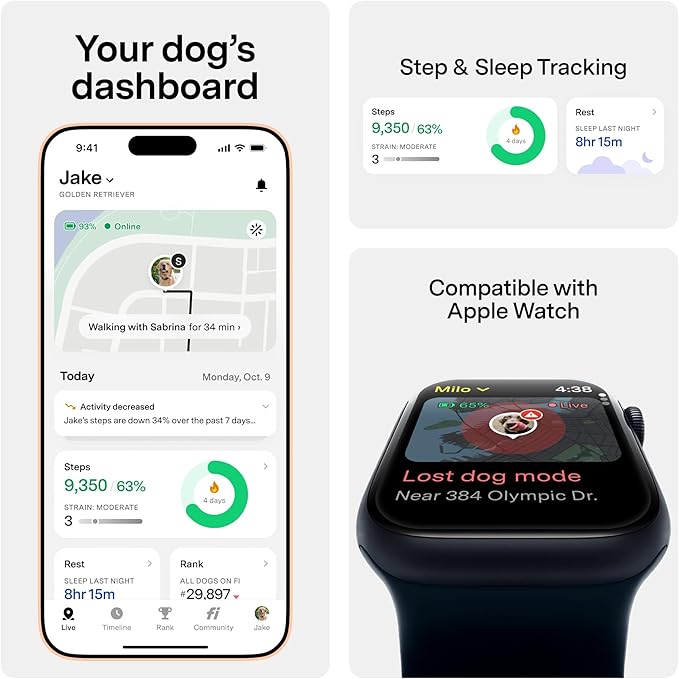 New Fi Series 3+ Smart Dog Tracker Collar [6 Month Membership Included] GPS Tracker for Dogs with Health & Behavior Monitoring, Escape Alerts, Waterproof, LED, Apple Watch Compatible (Yellow, X-Small)