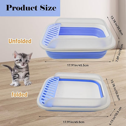 kathson Collapsible Kitten Litter Box,Foldable Anti-Splashing Small Kitty Litter Box Low Entrance Cat Potty Pan with Falling Sand Pedal Waterproof Portable Cat Toilet for Kittens (Blue)