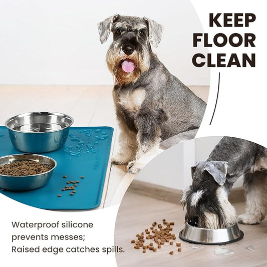 VIVAGLORY Dog Food Mat Flexmat Dog Bowl Mat, Placemat Food Tray with Raised Edges & Lip for Indoor Floor, Non Slip Waterproof Silicone Dish Placemat for Cat & Pet, S, Deep Blue