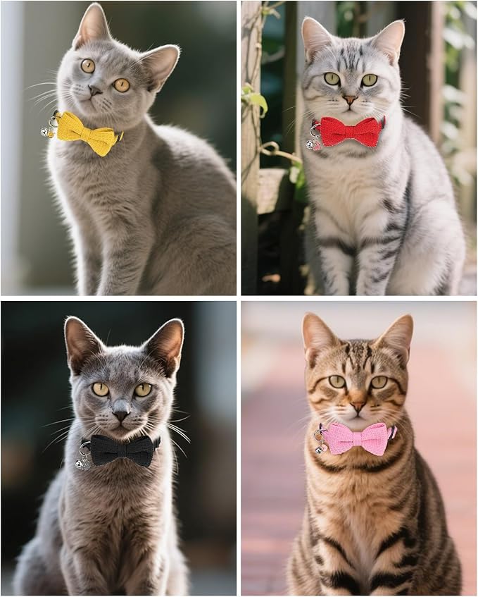 Cat Collar Breakaway with Bells, Soft Cotton Green Cat Bowtie Collar for Girl Boy Cats, Small Cats Collar with Bow for Spring Summer,2 Pack Cute Kitten Collars with Removable Bowtie 8-12Inch