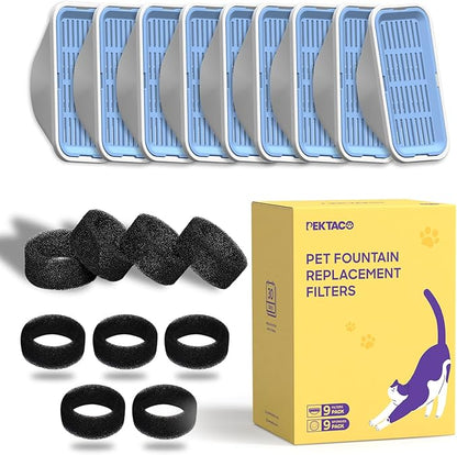 PEKTACO Cat Water Fountain Filters Replacement & Pre-Filter Sponges for 3.2L/108oz Automatic Pet Fountain, Dog Water Dispenser 18 Pack Filters & 9 Pre-Filter Sponges Foam Filters