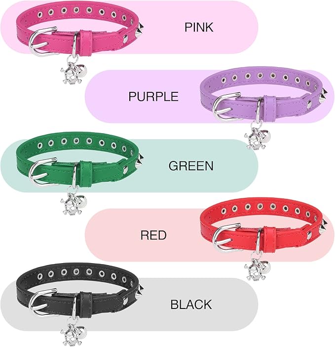 Leather Cat Collars for Boy Girl Cats with Bell and Safety Elastic Belt, Personalized Rivets Stud Adjustable Safe Buckle Collar with Skull Charm for Kitty Small Pets, Green
