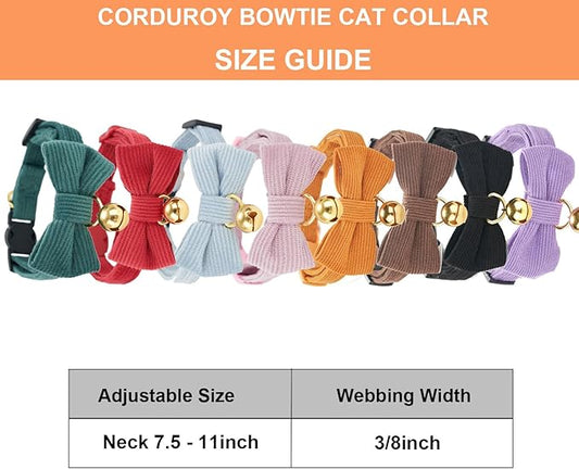 Cotton Breakaway Cat Collar with Bow Tie and Bell, Adjustable Cute Soft Corduroy Kitten Collars for Boy Cats