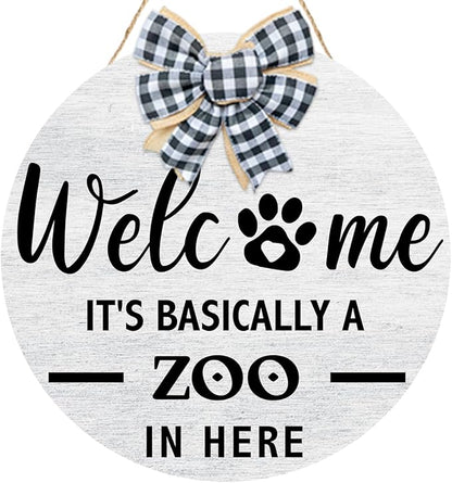 Welcome It's Basically a Zoo in Here Sign,Funny Pet Front Door Sign,Welcome Zoo Wooden Hanging Wall Plaque for Porch Outdoor Pet Lover Owner Gift,Dog Signs for Home Decor,13.7''×13.7''