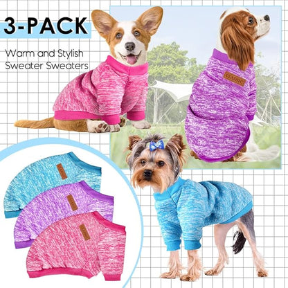 3 Pack Dog Sweaters for Small Dogs Girl Boy Winter Fleece Clothes Warm Soft Dog Sweatshirt Outfit for Dogs Cats Pet Apparel (Rose+Light Blue+Purple, Medium)