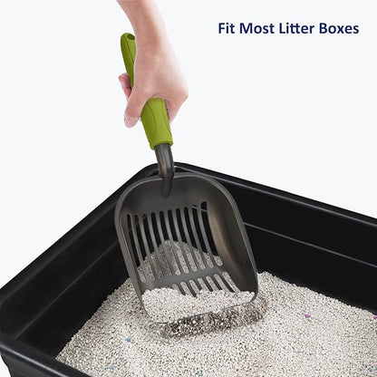 WePet Cat Litter Scoop, Non-Stick Plated Aluminum Alloy Sifter, Kitty Durable Metal Scooper, Deep Shovel, Long Handle, Kitten Pooper Lifter, Size Large, Coated Black Body with Green Handle