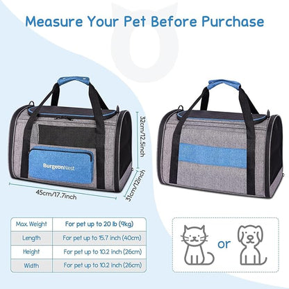BurgeonNest Cat Carrier for Large Cats 20 lbs,Medium Pet Under 25 lbs,2 Puppy and Small Dogs with Unique Side Bag,Top Load Pet Carrier Soft-Sided Escape Proof with 4 Ventilated Windows