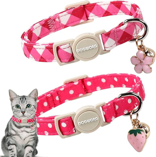 Cat Collar,2 Pack Cute Cat Collars Breakaway with Bell- Safety Buckle Pink Plaid Cat Collar for Girl Cats and Small Dogs，Adjustable 7-12 Inch,Pet Supplies Accessories