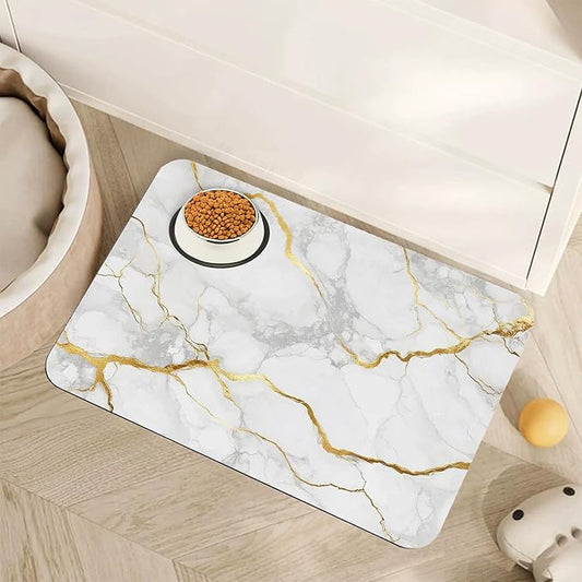 Marble Dog Food Mat for Floors,White Gold Marble Absorbent Quick-Dry Pet Feeding Mat,Cat Dog Bowl Mats for Food and Water,Non-Slip Pet Accessories Supplies 12"x20"