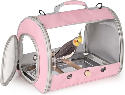 Long Tail Bird Travel Carrier Cage with Tray and Stand Perch, Portable Lightweight Clear Windows Carry Bag for Parakeet Budgies Cockatiel Transport to Vet (Pink, Cylinder Design - Clear)