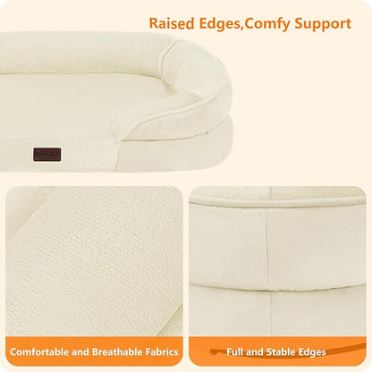 Dwanton Orthopedic Dog Bed for Large Dogs with Gel Memory Foam, Waterproof Dog Sofa, Washable Pet Bed with Four Sided Bolster Cushion, Removable Cover & Non-Slip Bottom, 42", Beige