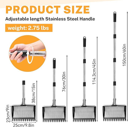 9.8×9.1in Chicken Poop Scooper, Chicken Coop Rake, Multifunctional 2 in 1 Sifting Shovel for Cow Shed Raking/Pet Waste/Yard Cleanup, Adjustable Length/Angle Coop Scoop with Ergonomic Handle (Black)