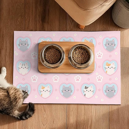 Cat Feeding Mat 24x16 inch Pink Heart Kitten Print Pet Bowl Placemat Non Slip Floor Mat for Food and Water Indoor Kitty Feeding Station Cute Meal Pad for Small Pets Kitchen Use