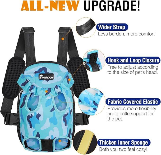 Pawaboo Pet Carrier Backpack, Adjustable Pet Front Cat Dog Carrier Backpack Travel Bag, Legs Out, Easy-Fit for Traveling Hiking Camping for Small Medium Dogs Cats Puppies, Extra Large, Blue Camouflage