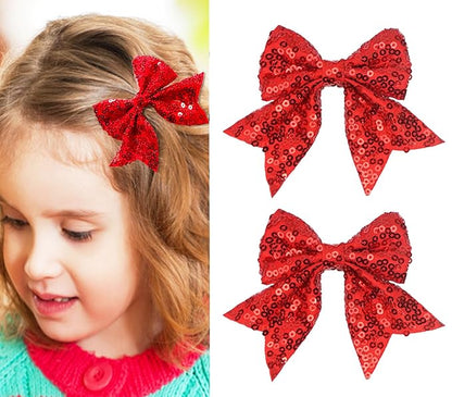 3-inch Sequined Bow Hair Clips For Baby Girls, Toddler, Kids and Young Women Birthday Party Wedding Christmas Occasions Pet Accessories Set of 2 (Red)