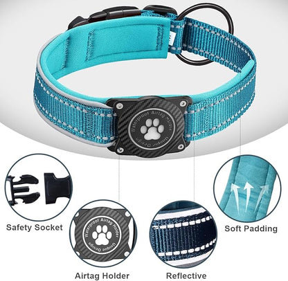 Airtag Dog Collar with Waterproof Air Tag Holder, Luminous Reflective, Soft Padded, Adjustable Nylon Pet Collar for Small Medium Large Heavy Duty Dogs,Blue, XL