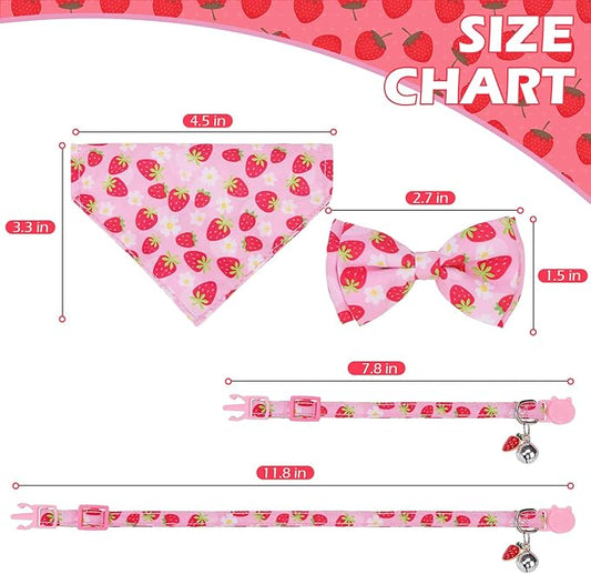 EXPAWLORER Cute Cat Collar Breakaway with Bells - 2 Pack Fruit Adjustable Pet Collar with Removable Bow Tie and Bandana, Safety Buckle for Girl Boy Cats Kitten, Strawberry