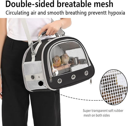 Bird Carrier,Bird Cage Parakeet Parrot Budgie Carrier Backpack for Small Birds, Travel Bird Cages with Perch, Transparent Ventilation Cockatiels, Lightweight Pet Carrier for Outdoor Use(Black)