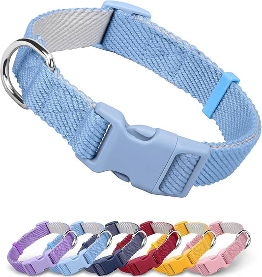 Dynmeow Soft and Breathable Cotton Dog Collar, Durable Adjustable Boy Pet Collar with Quick-Release Buckle, Lightweight for Sensitive Skin for Small and Medium Dogs, Light-Blue, S