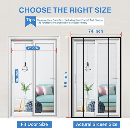 Magnetic Screen Door Upgraded PET Mesh Stronger Than Fiberglass and Polyester,Hands Free,Keeps Bugs Out,Pet & Kid Friendly,Suitable for Sliding Door,Large Patio Door and French Door-72''x96''