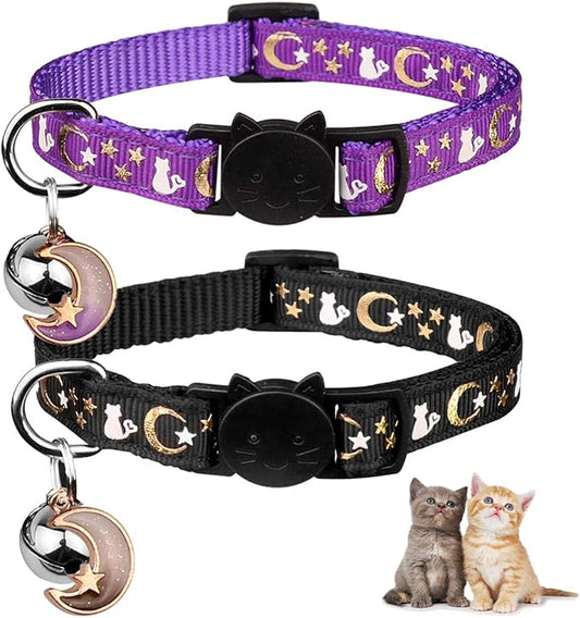Baeuppit 2PCS Breakaway Cat Collars with Bell Moons Stars Cute Kitty Adjustable Safe Kitten Collars with Pendant Glow in The Dark(Black&Purple)