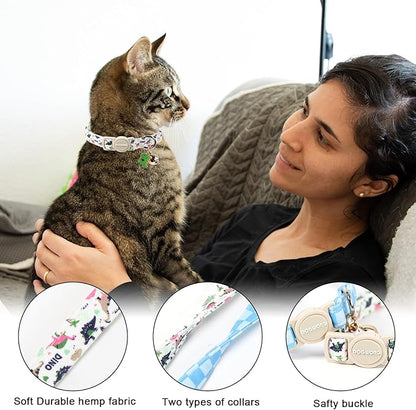 2 Pack Dinosaur Cat Collars Breakaway with Bell, DOGWONG Safety Buckle Bluee Plaid Cute Cat Collar for Girl Boy Cats，Adjustable 7-12 Inch