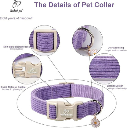 Cute Corduroy Dog Collar - Lavender Adjustable Dog Collars for X-Small Dogs 4-10lbs, Fade-Proof with Secure Snap & Little Charm, Christmas Birthday Gift, XS