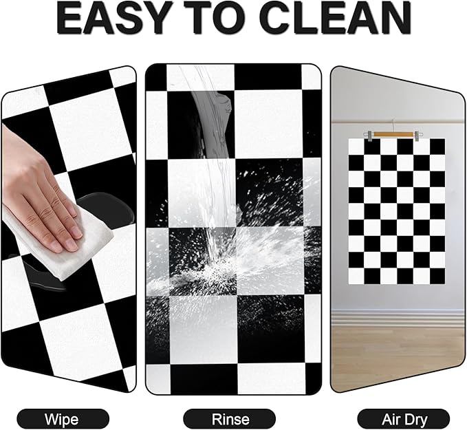 Cat Food Mat - 12"x 20" Cat Dog Mats for Food and Water Bowl, Checkered Pet Placemat Feeding Mat, Non-Slip Under Pet Bowls Mats for Messy Drinkers, Black & White