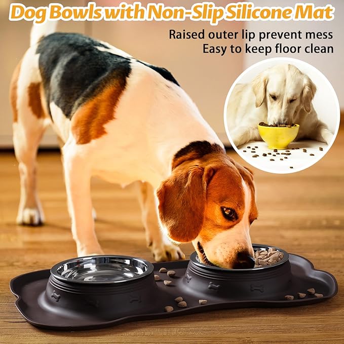 Hubulk Pet Dog Bowls 2 Stainless Steel Dog Bowl with No Spill Non-Skid Silicone Mat + Pet Food Scoop Water and Food Feeder Bowls for Feeding Small Medium Large Dogs Cats Puppies (Small, Chocolate)