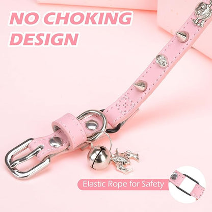 EXPAWLORER Cat Collar for Girl Boy Cats- Adjustable Leather Pet Collar with Safety Elastic Belt,Personalized Punk Accessories Buckle Collars with Bell & Durable D-Ring,Skull & Rivet（Pink）