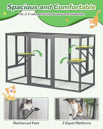 Catio Outdoor Cat Enclosure,71" L Outside Cat House Weatherproof, Wooden Large Catios for Cats Patio, Cat Houses with 3 Platforms,Grey