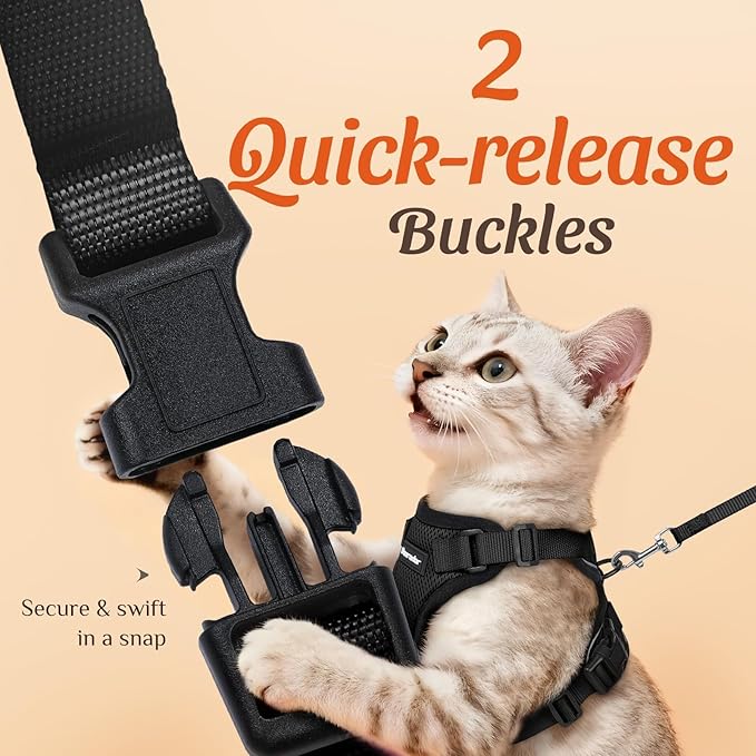 Dooradar Cat Harness and Leash Set, Escape Proof Safe Adjustable Kitten Vest Harnesses for Walking, Easy Control Soft Breathable Mesh Jacket with Reflective Strips for Cats, Black, S