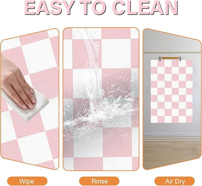 Cat Food Mat - 12"x 20" Cat Dog Mats for Food and Water Bowl, Checkered Pet Placemat Feeding Mat, Non-Slip Under Pet Bowls Mats for Messy Drinkers, Pink & White