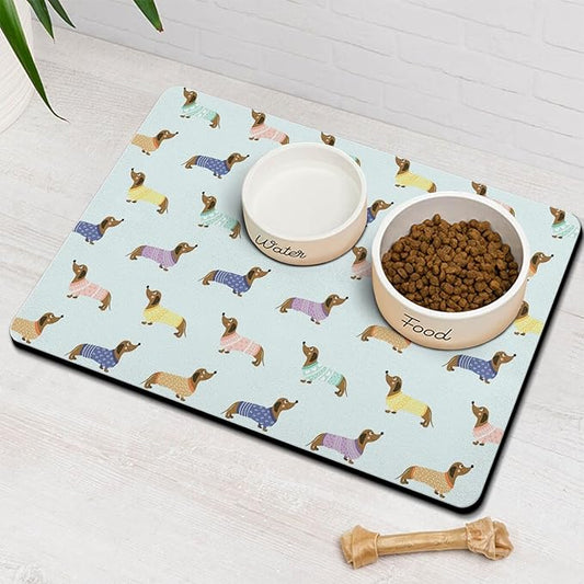 Dachshund Dog Food & Water Mat, Pet Feeding Mat for Floor Non-Slip Waterproof, Super Absorbent Cat Bowl Mat, Easy to Clean Eco-Friendly Durable Pet Placemat,16" × 24"