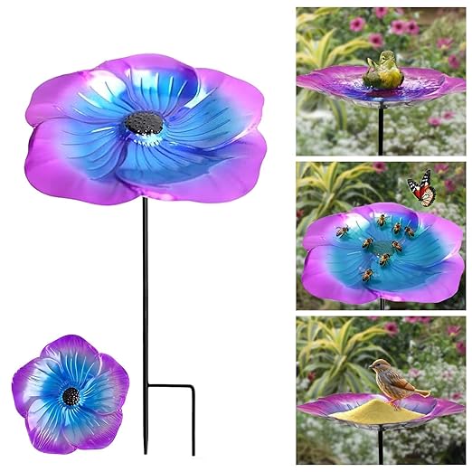 Bee Watering Station 1 Pack - Bird Bath Butterfly Cups with Flower Design, Weather-Resistant Metal Stakes Outdoor Garden Yard Decor(Purple-A)
