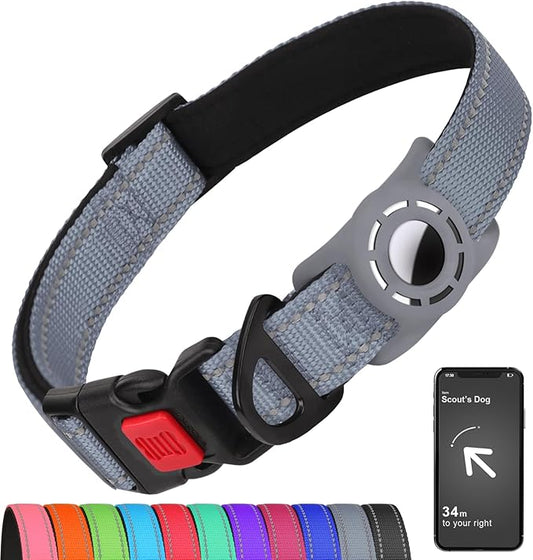 Airtag Dog Collar with AirTag Holder for Puppy Small Dogs, Reflective, Soft Padded & Safety Locking Buckle, Nylon Pet Collars Adjustable for All Breeds, Grey,XS