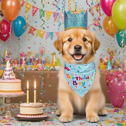 Happy Birthday Dog Party Supplies Kit - Dog Party Hat, Bandana, Bowtie & Happy Birthday Banner Decorations for Small Dogs, Puppy Birthday Outfit Accessories & Pet Birthday Party Decor (Blue 2)