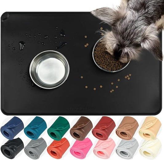 VIVAGLORY Dog Food Mat Flexmat Dog Bowl Mat, Placemat Food Tray with Raised Edges & Lip for Indoor Floor, Non Slip Waterproof Silicone Dish Placemat for Cat & Pet, L, Black