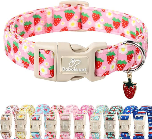 Cute Spring/Summer Dog Collar, Adjustable Pink Strawberry Dog Collars for Medium Dogs, Lightweight Quick-Release Buckle Collar for Boy&Girl Dogs M