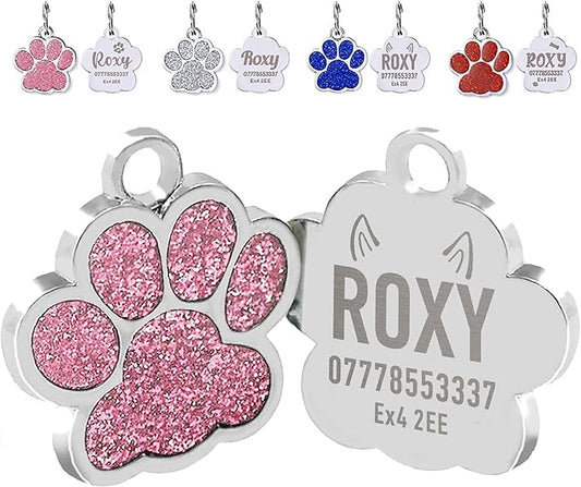 EDSG Cat Dog Tags Personalized for Pets, Dog Name Tags Cat Name ID Tag, Engraved Dog Tags Dog ID Tags Small Glitter Bling ID Tag Paw Print for Cat Pet Dog Puppy(Pink,Design 3)