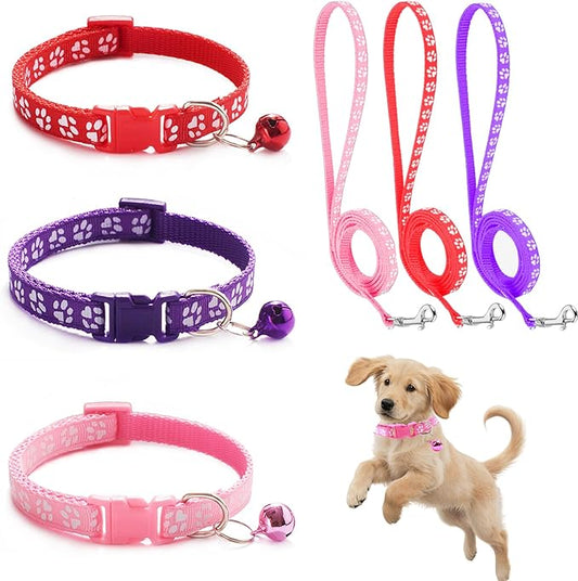 Dog Collar and Leash Set 3Pcs Puppy Collar and Leash Paw Print Whelping ID Collars Buckle Soft Nylon Litter Adjustable Pet Collar for Puppy Small Dogs Walking Training (Red Purple Pink)