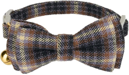 2 Pack Cotton Cat Collar, Removable Bowtie, Plaid Pattern, Safety Breakaway Clasp, Adjustable for Cats.(Adult Cat, Blue and Brown)
