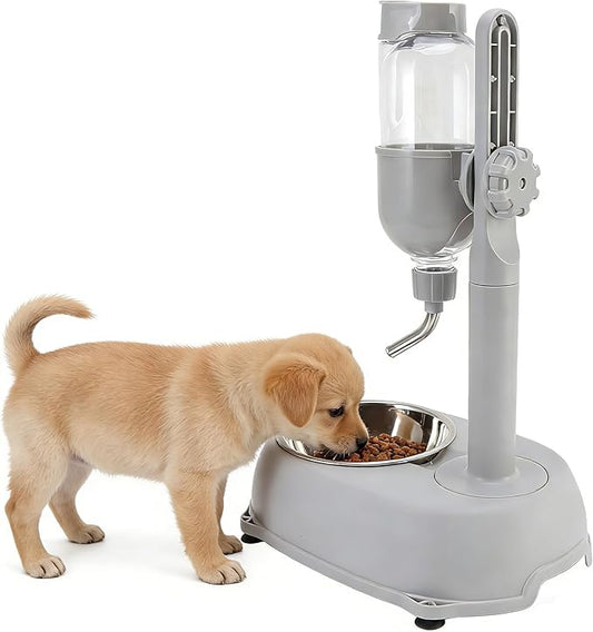 Pet Standing Water Dispenser, Multifunctional 2 in 1 Detachable Height Adjustable Pet Puppy Dog Kitten Bowl 500ml, Automatic Standing Water Feeder for Puppy Dwarf Dog Cat,Grey
