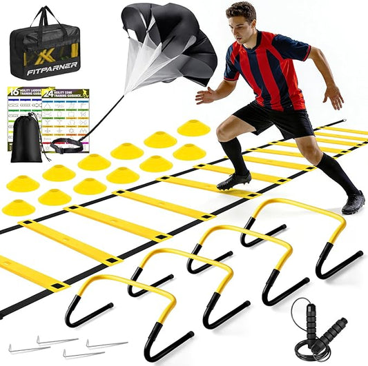 Agility Ladder, Soccer Football Training Equipment Set - 20ft Speed Ladder, 4 Hurdles,Parachute, 12 Cones & Jump Rope | Agility & Speed Training for Kids Youth Adults,Basketball & Football Accessories