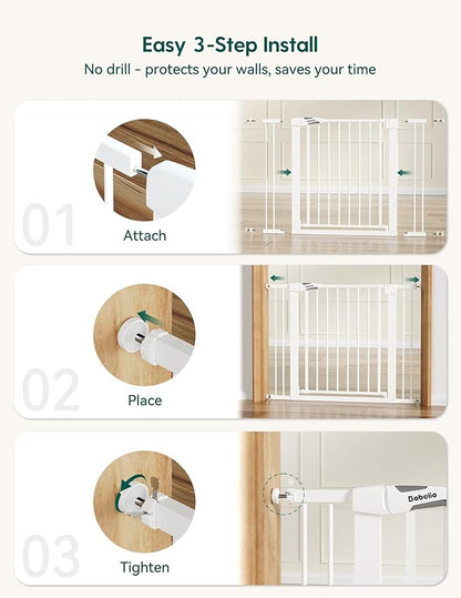 Babelio 36" Tall Baby Gate, PressGuard P7, 29-48" Auto Close Pressure Mounted Dog Gate for Stairs, Doorways & Hallway, Protector Basics Easy Walk Thru Pet Gate, White